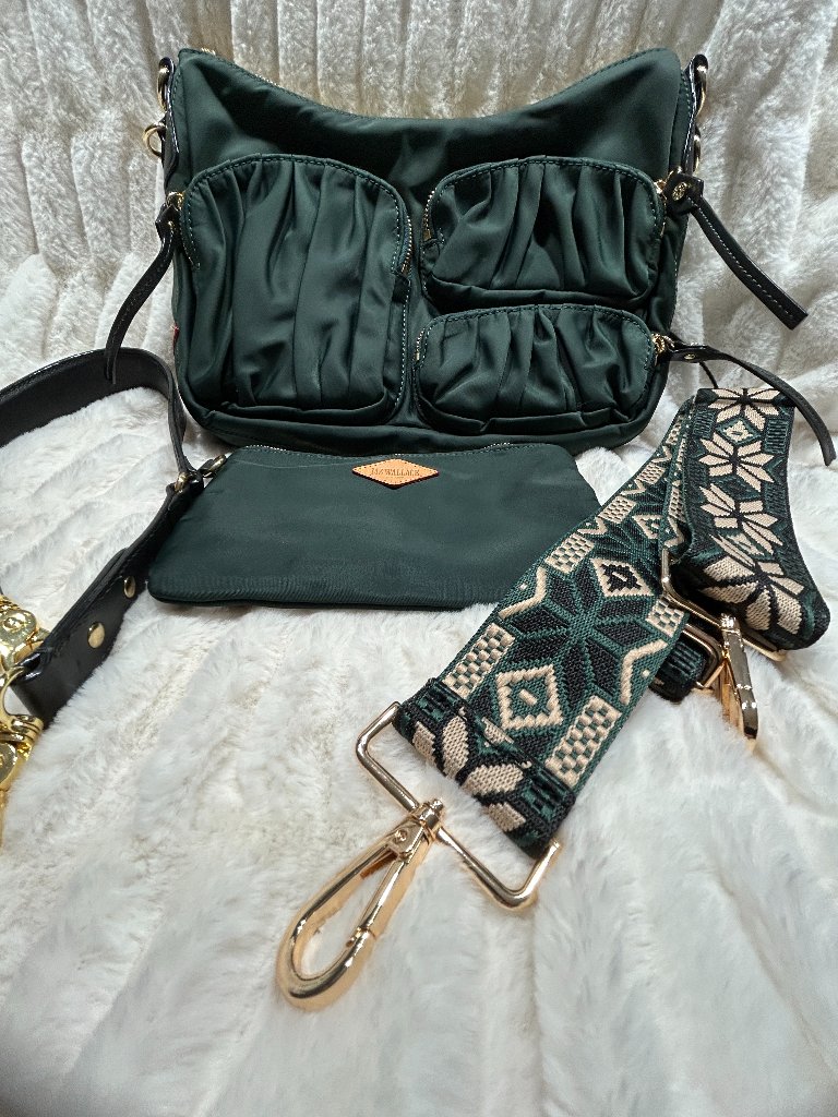 Mz Wallace Dark Green Coco Crossbody Bag W/ Embroidered Strap & Pouch